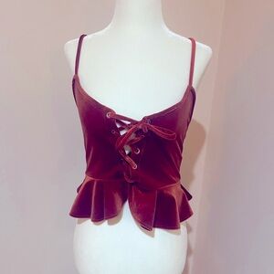 Velvet lace up tank burgundy crop top